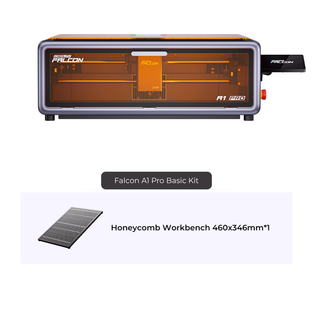 A Creality Falcon A1 Pro 20W Dual-laser Engraver with an orange-tinted enclosure is displayed above a labeled image of a 460x346mm honeycomb workbench.