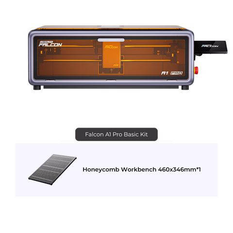 A Creality Falcon A1 Pro 20W Dual-laser Engraver with an orange-tinted enclosure is displayed above a labeled image of a 460x346mm honeycomb workbench.