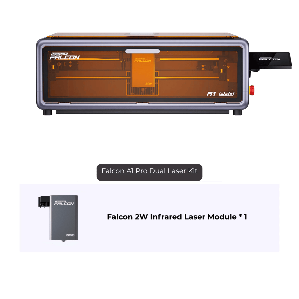 A Creality Falcon A1 Pro 20W Dual-laser Engraver with an orange cover is shown above a labeled image of the Falcon 2W infrared laser module accessory and free test kit, set against a light background.