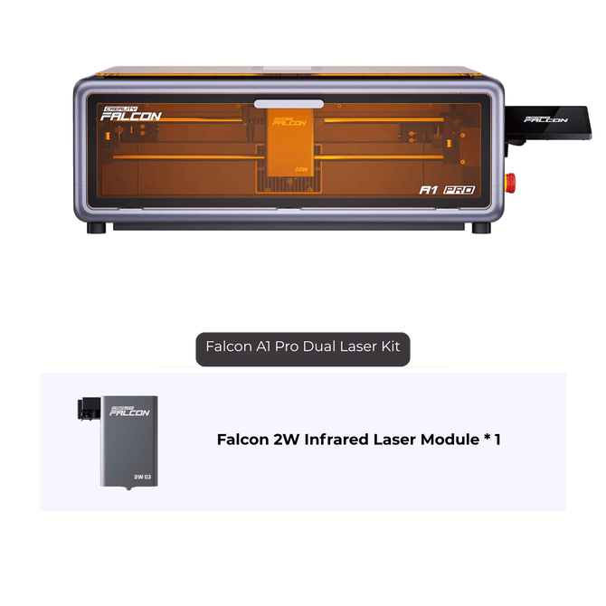 A Creality Falcon A1 Pro 20W Dual-laser Engraver is shown above a Falcon 2W infrared laser module, both displayed against a light background.