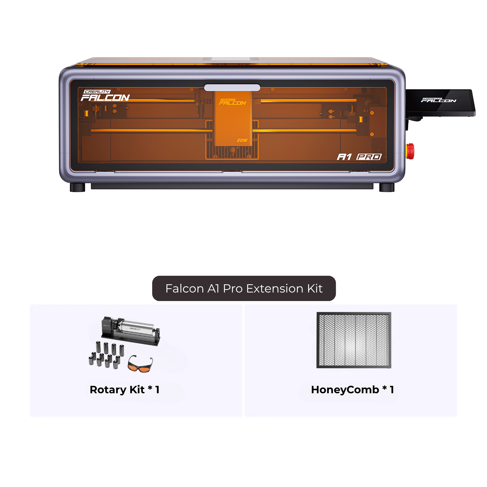 Image shows a Creality Falcon A1 Pro 20W Dual-laser Engraver with an extension kit, plus a rotary kit and honeycomb, both displayed separately below the machine.