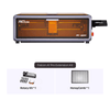 Image shows a Creality Falcon A1 Pro 20W Dual-laser Engraver with an extension kit, plus a rotary kit and honeycomb, both displayed separately below the machine.