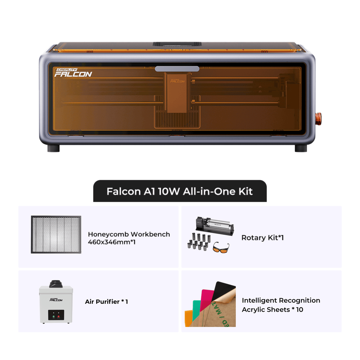 Image featuring the Creality Falcon Falcon A1 10W Enclosed Diode Laser Engraver All-in-One Kit with auto focusing, honeycomb workbench, rotary kit, air purifier, and ten smart recognition acrylic sheets.