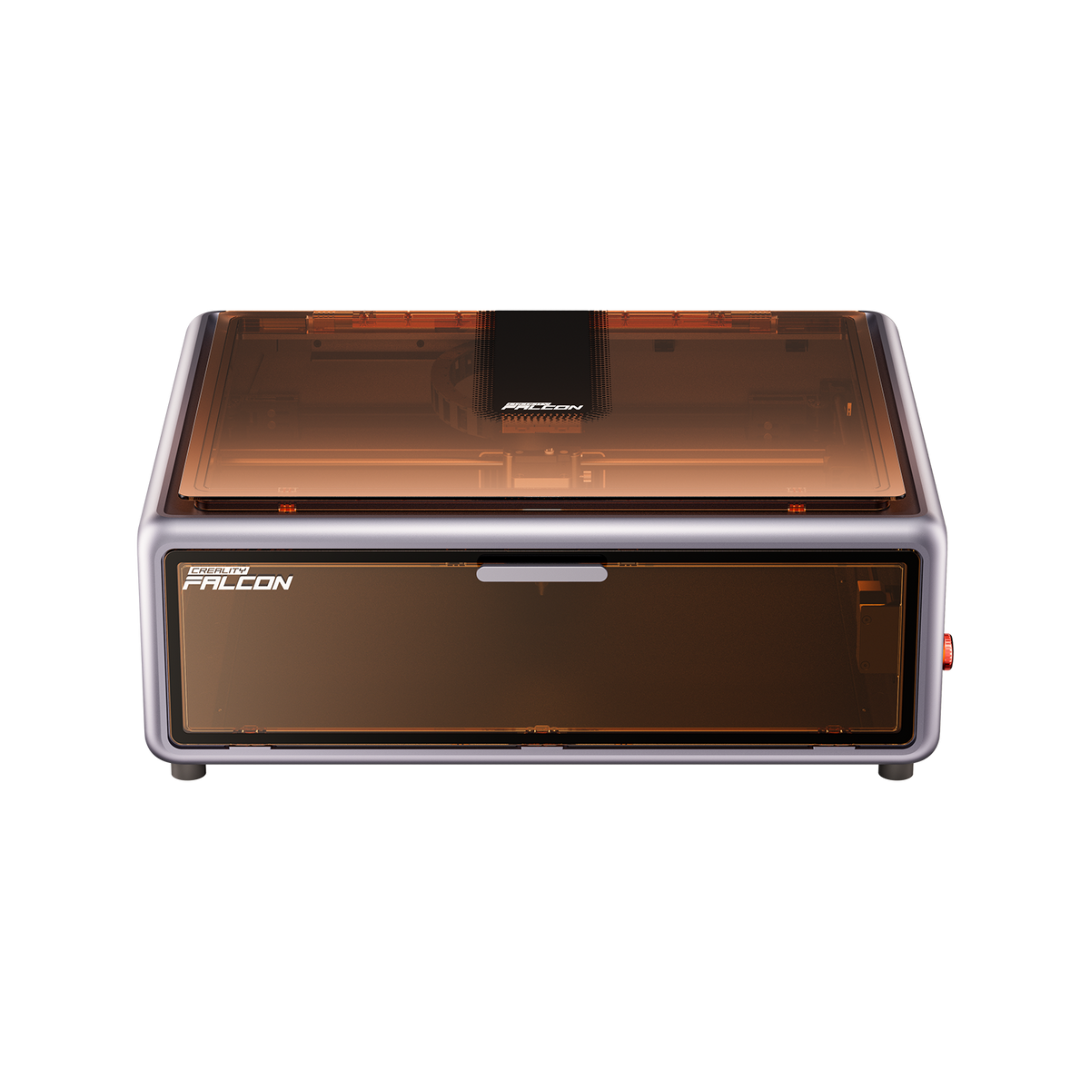 The Creality Falcon A1 Enclosed Laser Engraver and Cutter is a compact, rectangular CoreXY desktop machine with a transparent orange lid and “FALCON” branding, designed to fit any space easily.