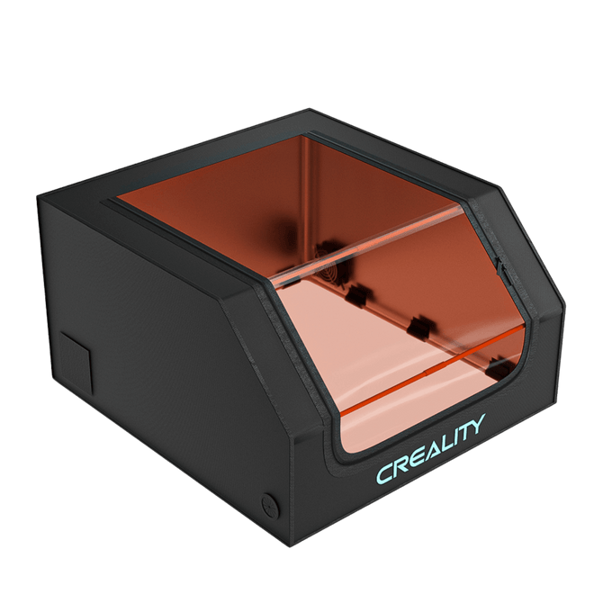 The Creality Falcon Protective Cover for Laser Engraver features a black design with a transparent orange-tinted shield and illuminated "Creality Falcon" branding, allowing real-time observation during laser engraving or printing.