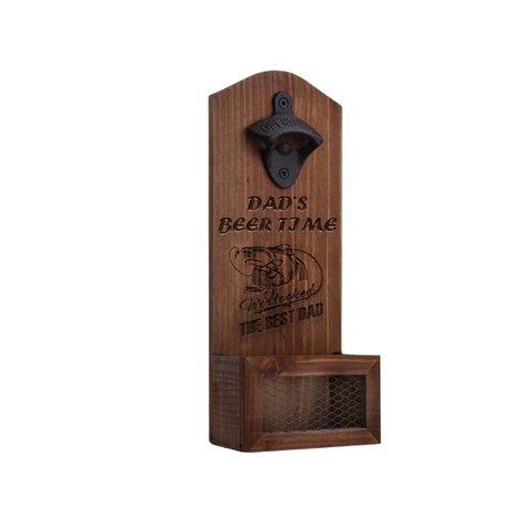 Considered a distinctive gift idea, Creality Falcon's Vintage Wooden Bottle Opener with Catcher combines practicality and charm. Perfect for dads, it boasts a vintage wooden-style, wall-mounted design with a handy cap catcher below. The bottle opener is elegantly engraved with "Dad's Beer Time," "The Best Dad," and an image of a bear.