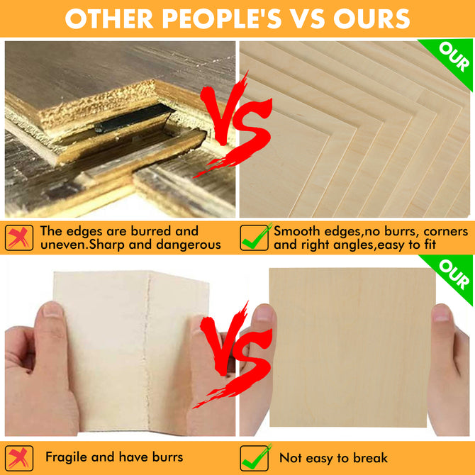 Comparison image shows rough, uneven plywood labeled "Other People's" versus smooth, uniform Creality Falcon's Thickness Basswood Plywood Sheets 1/8", highlighting superior quality in edge finishing and fit—ideal for laser engraving and detailed surface carving.