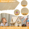 Two children play with a wooden model house. Above them are images of Creality Falcon's 1/8" thickness basswood plywood, ideal for laser engraving, showcasing nice texture distribution, uniform color, and neat edges without burrs. Caption reads: "10pcs Basswood Plywood Sheets.