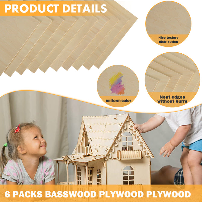 Two children play with a wooden model house. Above them are images of Creality Falcon's 1/8" thickness basswood plywood, ideal for laser engraving, showcasing nice texture distribution, uniform color, and neat edges without burrs. Caption reads: "10pcs Basswood Plywood Sheets.