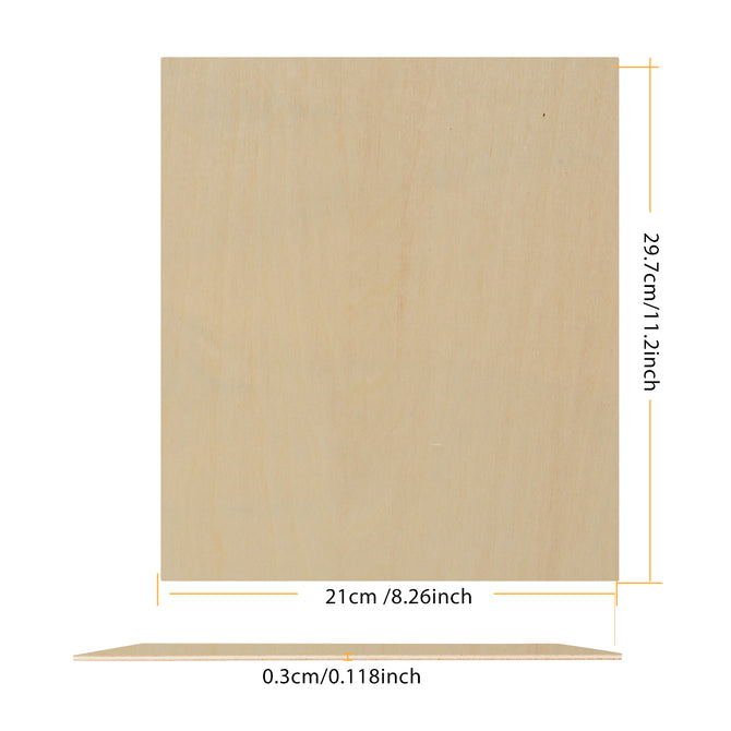 The Creality Falcon Basswood Plywood Sheet measures 8.27" x 11.7" x 0.12", featuring a smooth, light-colored surface ideal for laser engraving or carving projects. Pack of 10 sheets.