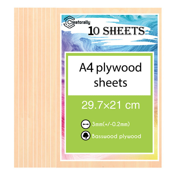 Creality Falcon offers a pack of 10 Thickness Basswood Plywood Sheets, ideal for surface carving and laser engraving. Each sheet measures 8.27x11.7 inches with a thickness of 0.12 inches, featuring a colorful, abstract design label.