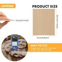 Composite image: hand holding a thin Creality Falcon Basswood plywood sheet (8.27x11.7x0.12"), laser cutter engraving with precision, and two smiling people showcasing ease of use on this versatile material.