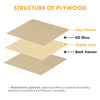 The illustration shows the structure of Creality Falcon's Basswood plywood with labeled layers: "Face Vanner," "EO Glue," "Poplar Core," and "Back Vanner." It's noted for its excellent durability, moisture resistance, and flexural strength, ideal for laser engraving.