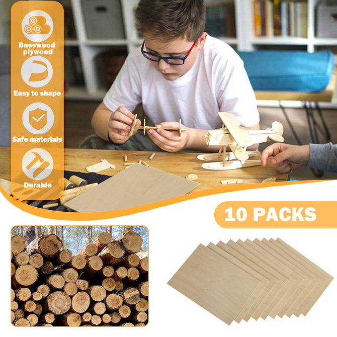 A child with glasses builds a wooden model airplane at a table filled with tools and parts. Nearby, Creality Falcon's 10pcs of Thickness Basswood Plywood Sheets (8.27x11.7x0.12") are featured for laser engraving: "Easy to shape, Safe materials, Durable.