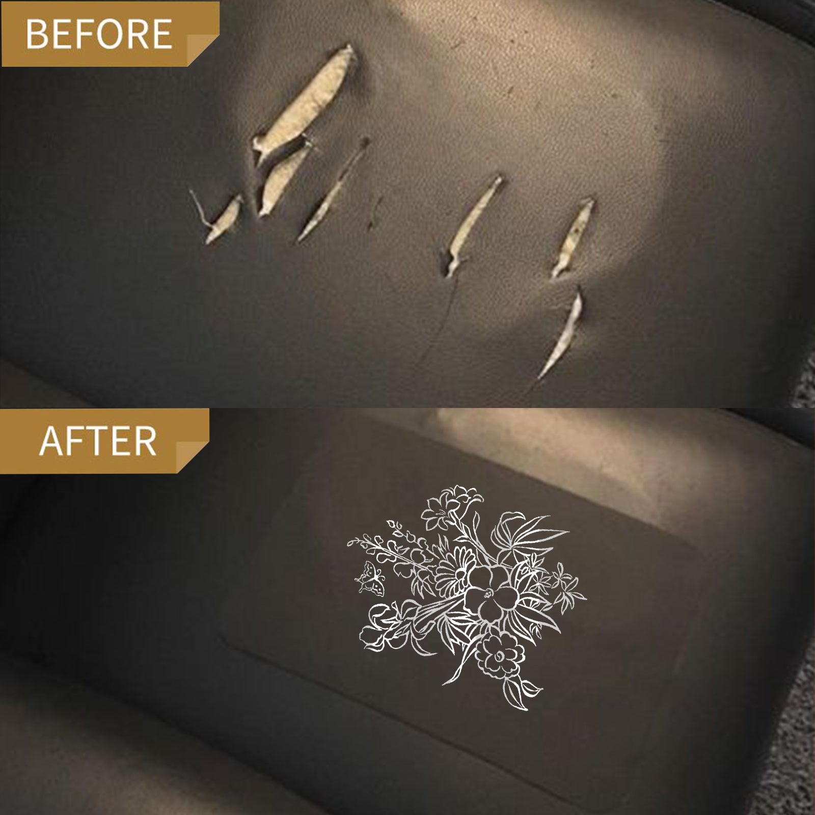 Two images highlight a remarkable seat transformation. The top shows a black seat with tears. The bottom uses Creality Falcon's 10x12" Leather Repair Patch, skillfully hiding the damage with its intricate floral design—a perfect DIY inspiration.