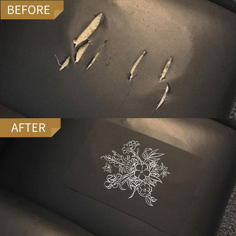 Two images highlight a remarkable seat transformation. The top shows a black seat with tears. The bottom uses Creality Falcon's 10x12" Leather Repair Patch, skillfully hiding the damage with its intricate floral design—a perfect DIY inspiration.