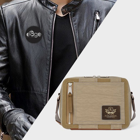 The image is diagonally split, featuring a person wearing Creality Falcon's black leather jacket, potentially customized with the Leather Repair Patch Self 10x12" for laser engraving and cutting, and carrying a beige and brown shoulder bag with a rectangular logo.