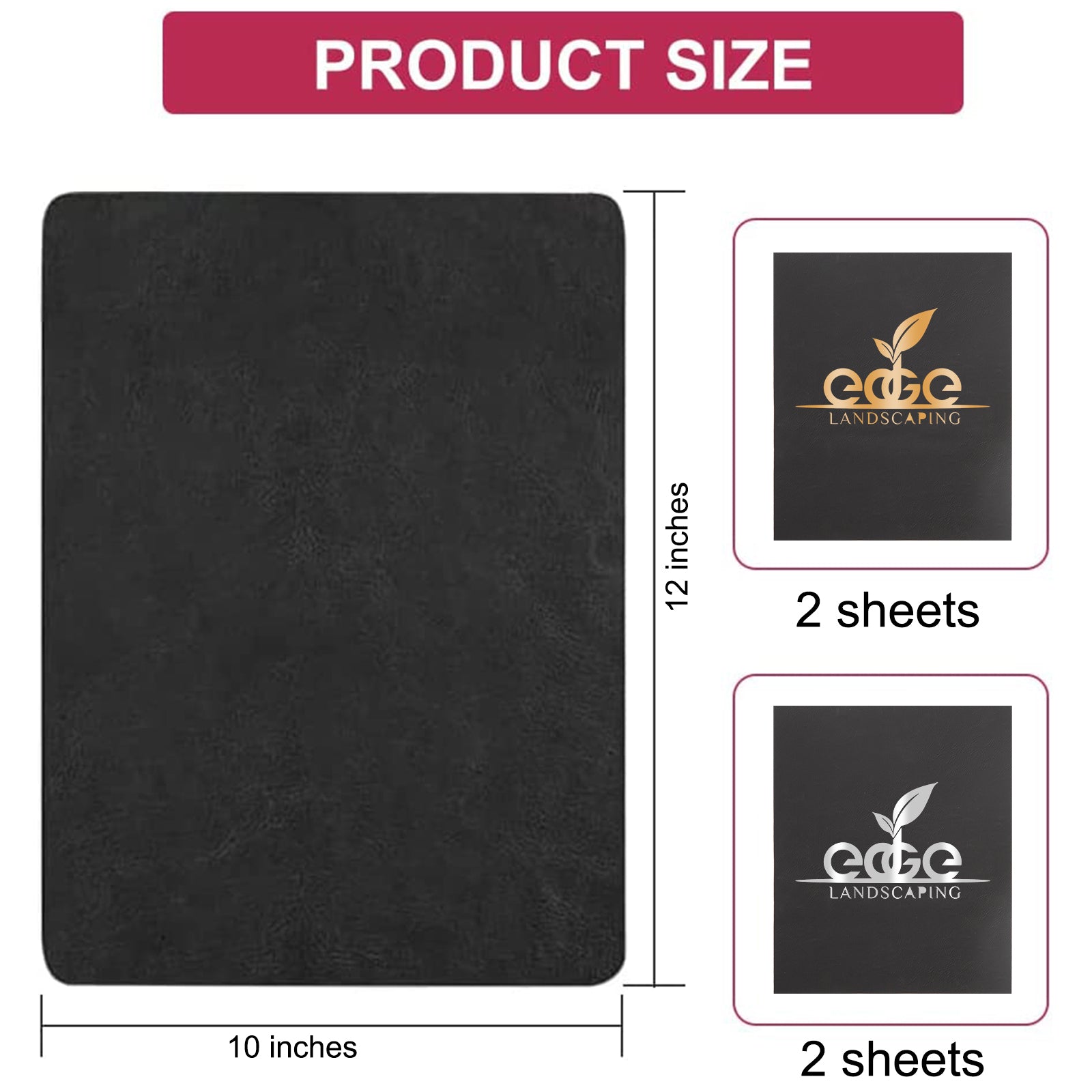 Image showing a black, 10x12" rectangular Creality Falcon product with two sheets featuring the laser-engraved "ede LANDSCAPING" logo. The background is white and titled "PRODUCT SIZE.