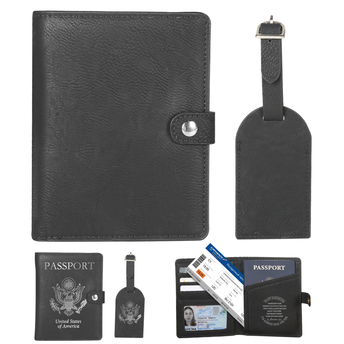 The Creality Falcon Custom Leather Passport Holder and Luggage Tag Set includes a black leather passport cover with the U.S. emblem, snap closure, and a luggage tag. The engraved wallet features compartments for a driver's license, credit cards, and boarding pass.