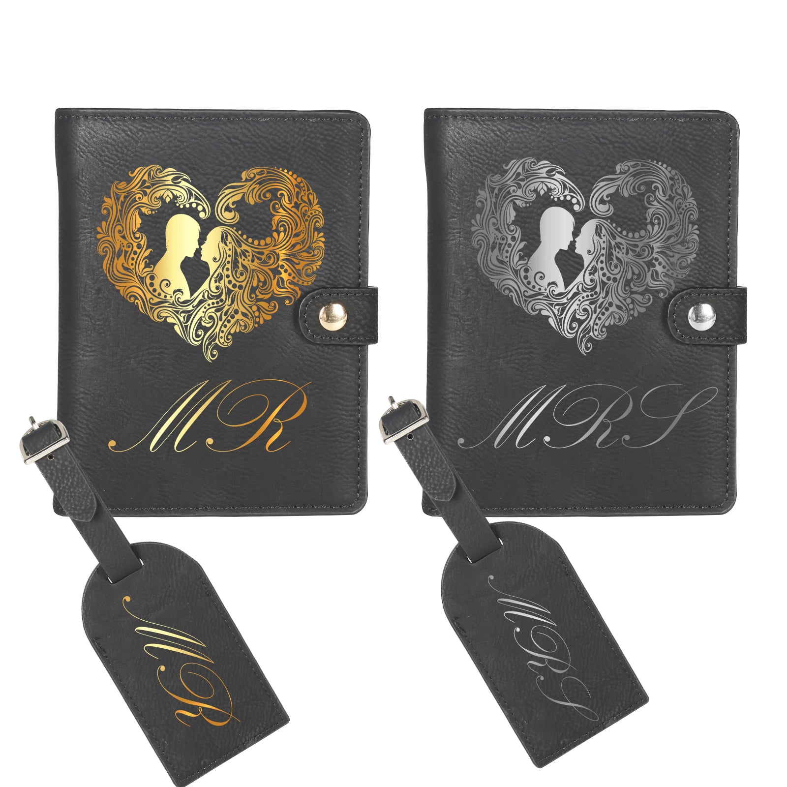 Two black Creality Falcon custom leather passport holders with heart designs are shown together. The left has a gold motif; the right, silver. Both feature engraved initials "M R," include matching luggage tags, and each displays silhouettes within the hearts.