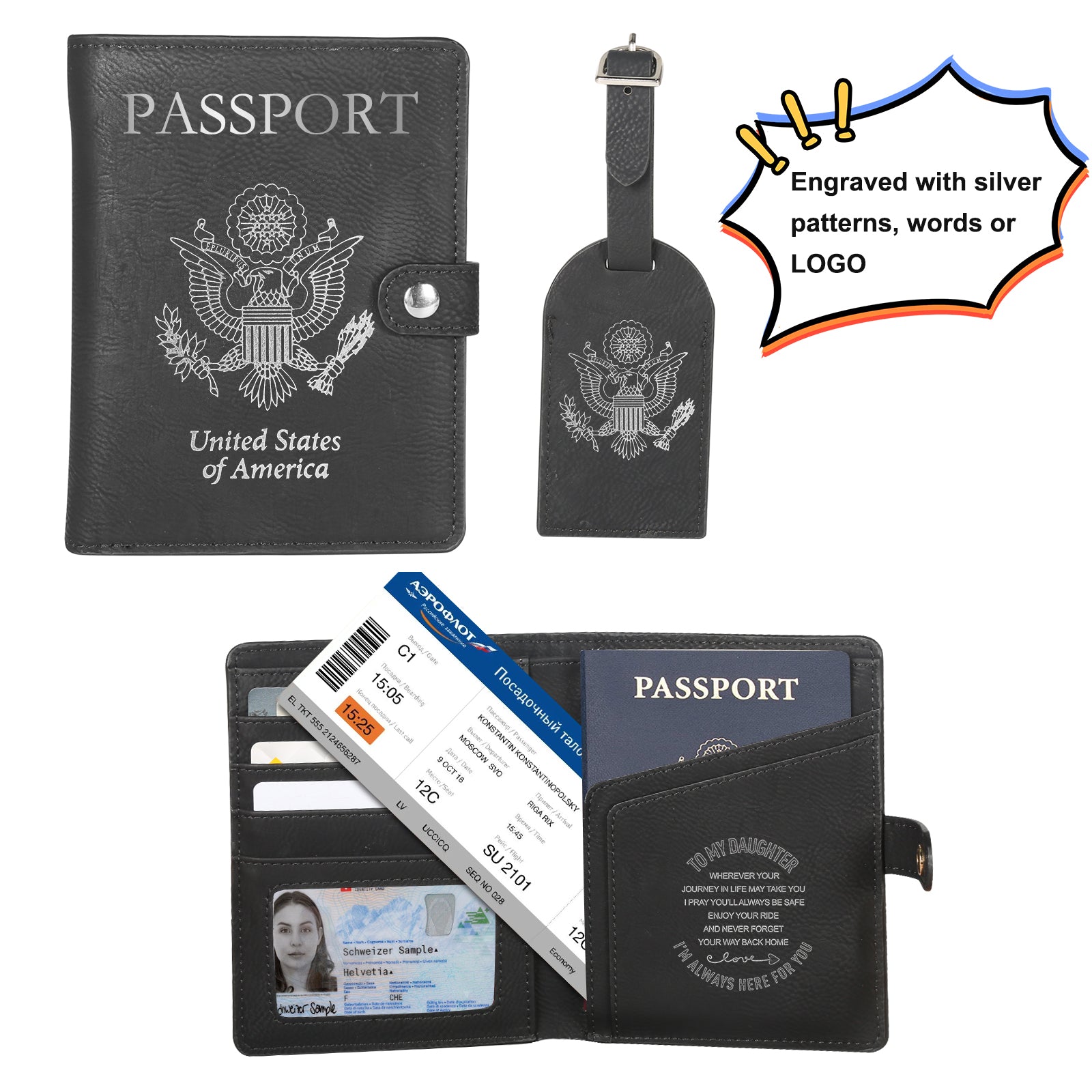 The Custom Leather Passport Holder and Luggage Tag Set by Creality Falcon is crafted from engraved leather, featuring sections for your passport, boarding pass, ID, and vaccine card. It includes a cover and luggage tag with a silver U.S. emblem and offers space for silver patterns or personalized engravings.