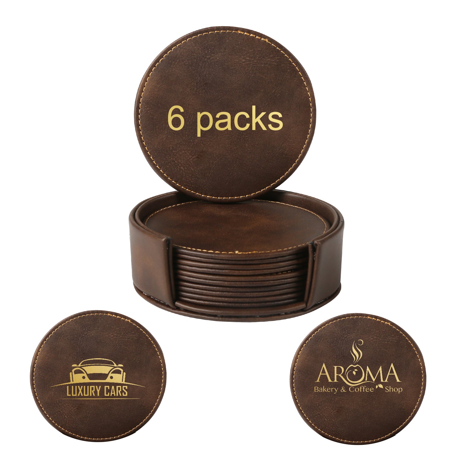 The Creality Falcon Personalized Brown Leather Coasters set includes six 4" coasters in a holder, each with modern laser-engraved designs: one indicates "6 pcs," another has a car logo with "Luxury Cars," and the third features "Aroma Bakery & Coffee Shop" alongside a steaming cup icon.