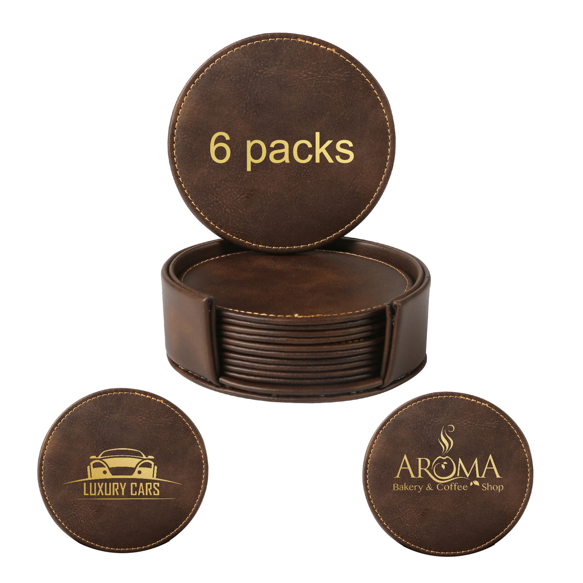 The Creality Falcon Personalized Brown Leather Coasters set includes six 4" coasters in a holder, each with modern laser-engraved designs: one indicates "6 pcs," another has a car logo with "Luxury Cars," and the third features "Aroma Bakery & Coffee Shop" alongside a steaming cup icon.