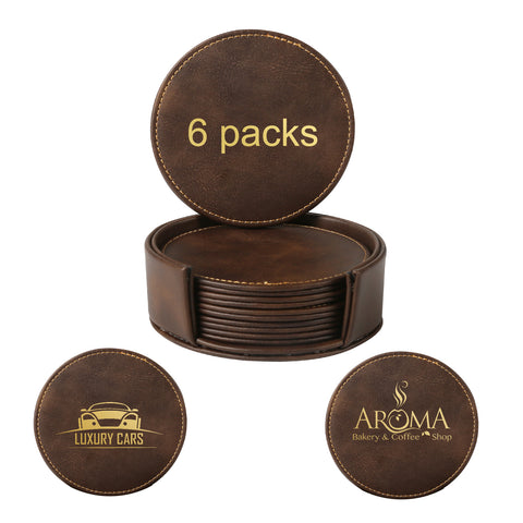 The Creality Falcon Personalized Brown Leather Coasters set includes six 4" coasters in a holder, each with modern laser-engraved designs: one indicates "6 pcs," another has a car logo with "Luxury Cars," and the third features "Aroma Bakery & Coffee Shop" alongside a steaming cup icon.