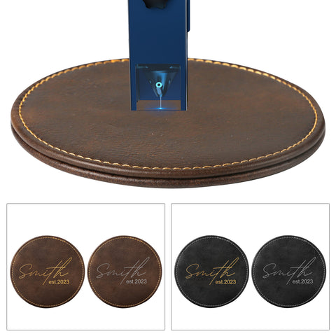 The Creality Falcon expertly engraves "Smith" and "est. 2023" onto a modern, round leather coaster. Featuring two brown and two black coasters, each pair displays the same engraving. The set includes six personalized 4" leather coasters with a holder.