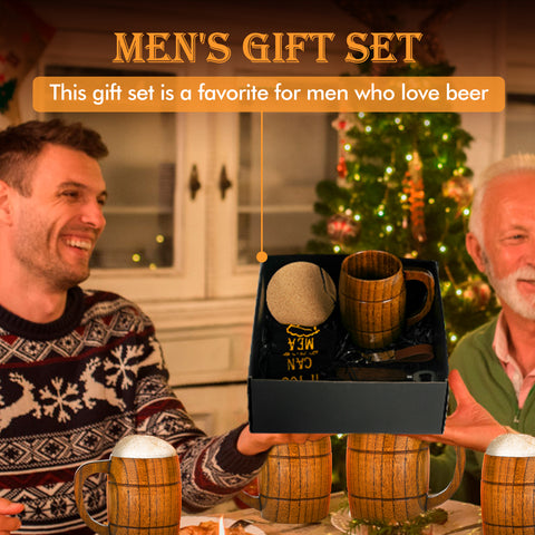 A man in a festive sweater gives an older bearded man a Creality Falcon gift set. In a cozy room adorned with a Christmas tree and candles, the kit features elegant beer accessories: an opener, coaster, wood mug, keychain, and socks by Falcon Laser Engraving—ideal for men.