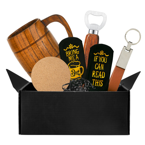 The Creality Falcon Gift Set for men includes a laser-engraved wooden beer mug, bottle opener, coaster, keychain, and socks with "BRING ME A BEER" and "IF YOU CAN READ THIS," all in a sleek black box with shreds—perfect for any beer aficionado.