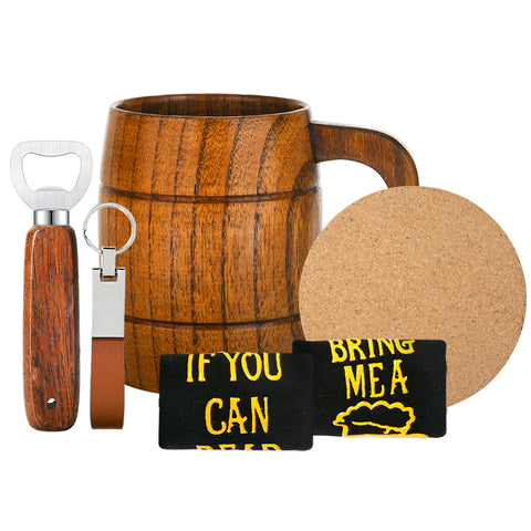 The Creality Falcon Gift Set includes a wooden beer mug, wooden-handled bottle opener, cork coaster, leather keychain, and black socks with yellow text and a beer mug graphic. Perfect for gifts for men, it displays craftsmanship with laser-engraved details by Falcon Laser Engraving.