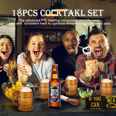 Four excited friends gather around a table laden with snacks and drinks. A Creality Falcon Gift Set catches the light, showcasing an opener, coaster, wood mug, keychain, and socks. With their mugs in hand, they radiate enthusiasm and cheer towards the camera—perfect gifts for men who enjoy a good time.