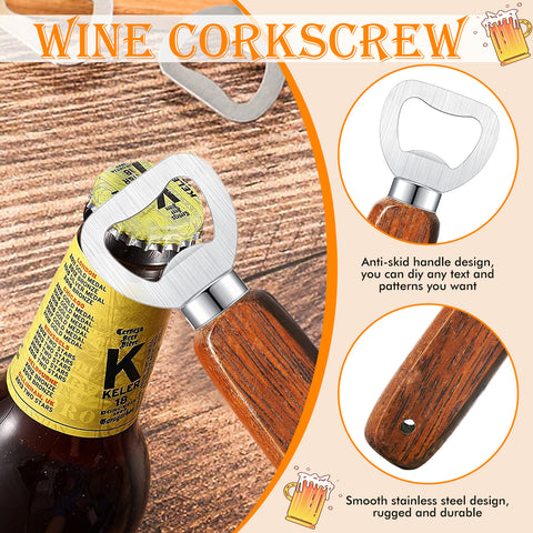 This metal bottle opener with a wooden handle, part of the Creality Falcon Gift Set, includes a coaster, wood mug, keychain, and socks. With a stainless steel design and laser-engraved anti-skid handle, it rests on beer-themed graphics—an ideal gift for men who love beer mugs.