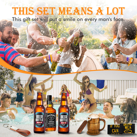 People are enjoying a lively party, splashing water, and sipping their beer and whiskey mix. In the foreground is a Creality Falcon gift set with beer mugs, whiskey, bottle opener, and laser-engraved coasters. Text reads, "This set means a lot...will put a smile on every man's face.