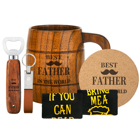 Creality Falcon's gift set for fathers includes an engraved wooden beer mug, bottle opener, keychain, coaster with "Best Father in the World," and two pairs of black socks. One pair humorously says, "If You Can Read This, Bring Me a Beer." Ideal for men who love style and humor.