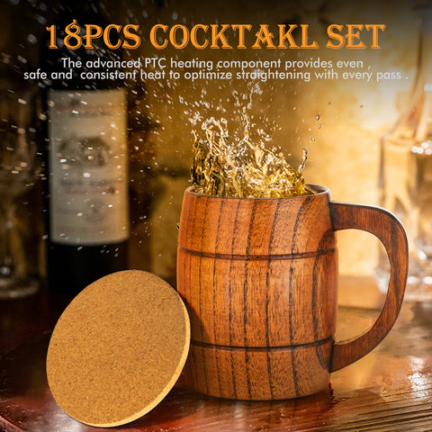 A wooden mug with splashing liquid sits on a wooden surface, its lid by its side. Blurry bottles linger in the background. Text reads, "Gift Set: Opener, Coaster, Wood Mug, Keychain, Socks for Falcon Laser Engraving," ideal personalized gifts for men by Creality Falcon.