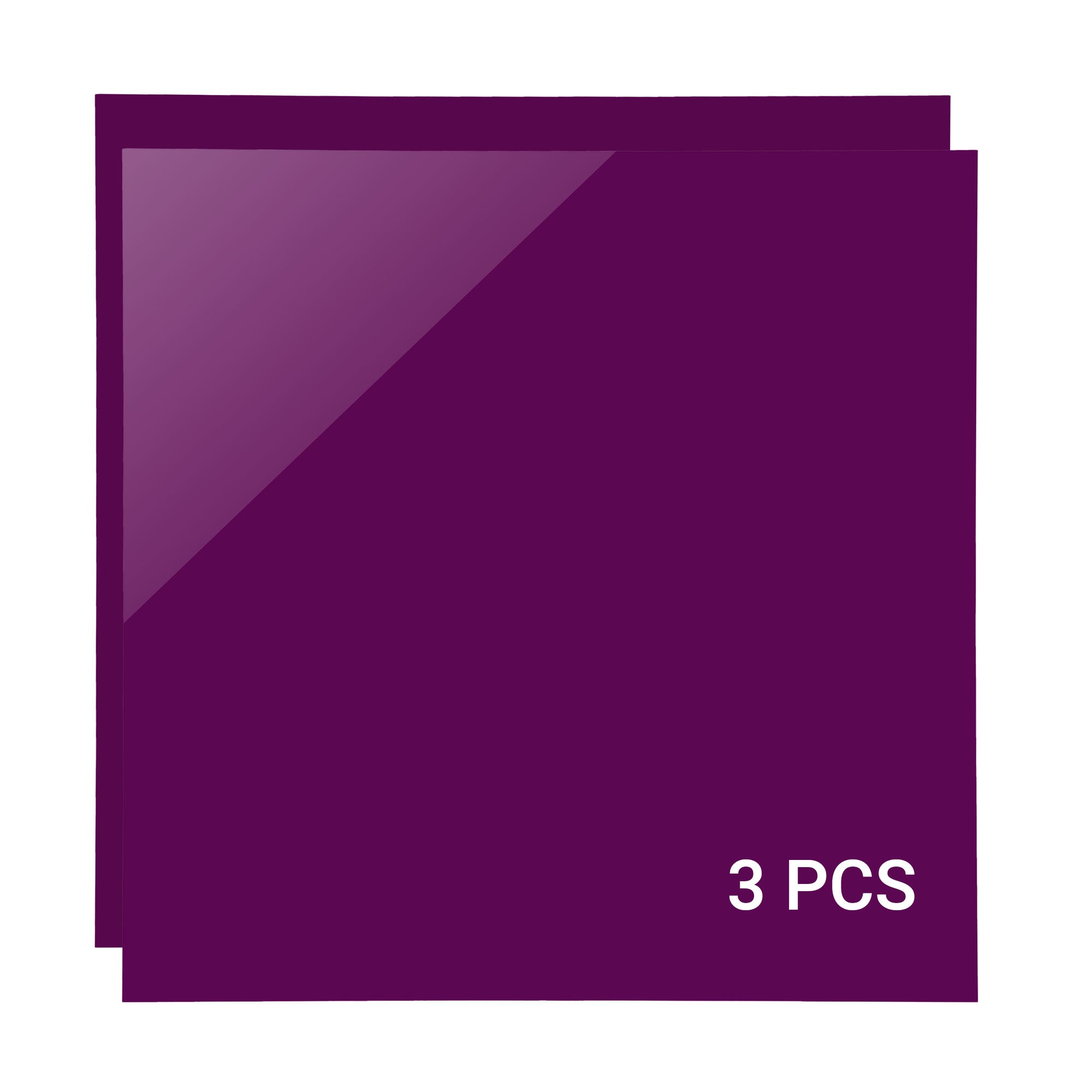 Two overlapping glossy dark purple panels, labeled "3 PCS" in the lower right corner, highlight their scratch resistance. From Creality Falcon, these are Purple Acrylic Sheets for Laser Engraving measuring 12"*12” *1/8”.