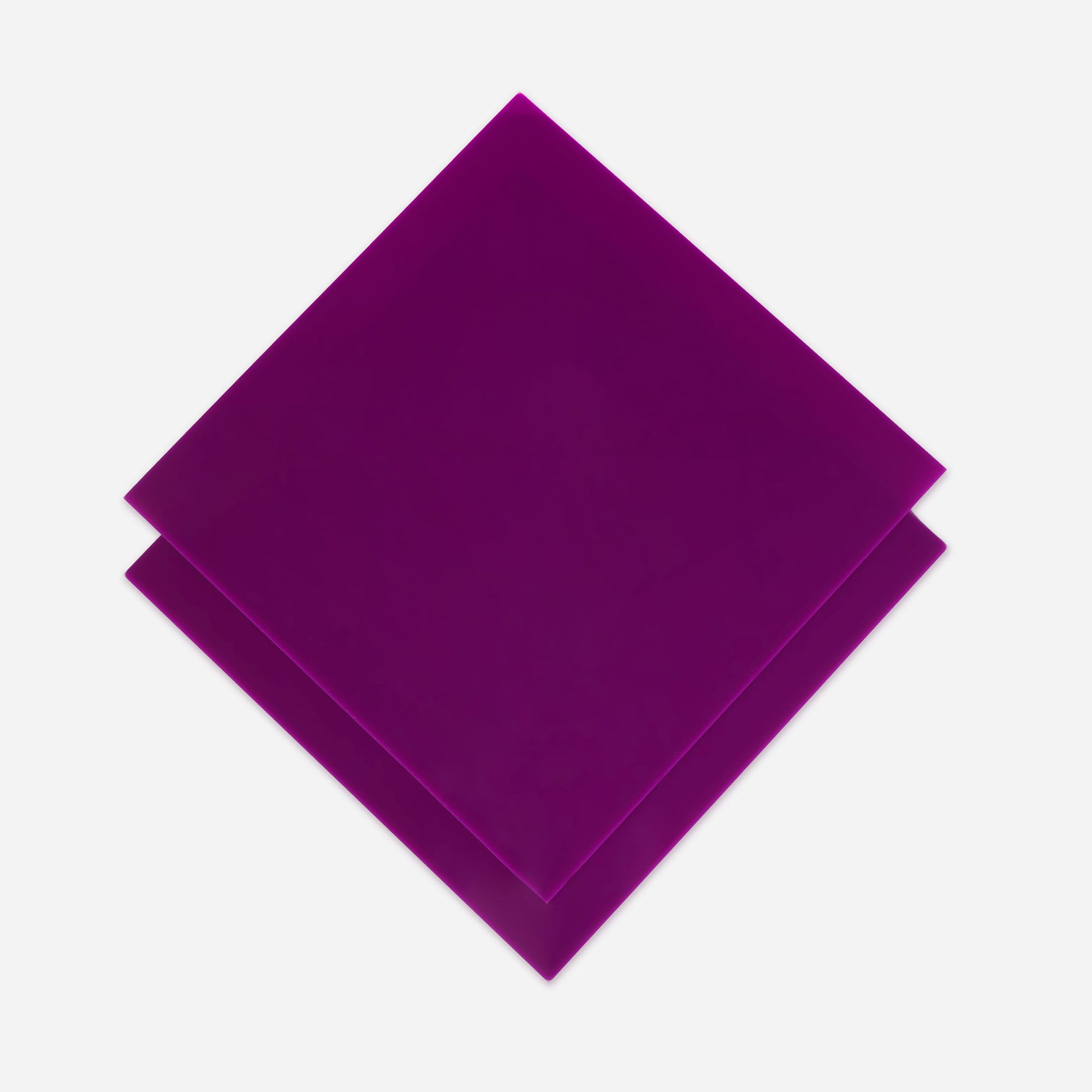 Two overlapping Purple Acrylic Sheets for Laser Engraving, by Creality Falcon, form a diamond shape on a white background. The top sheet is smaller, enhancing the vibrant translucent purple and creating an easy-to-process layered effect.