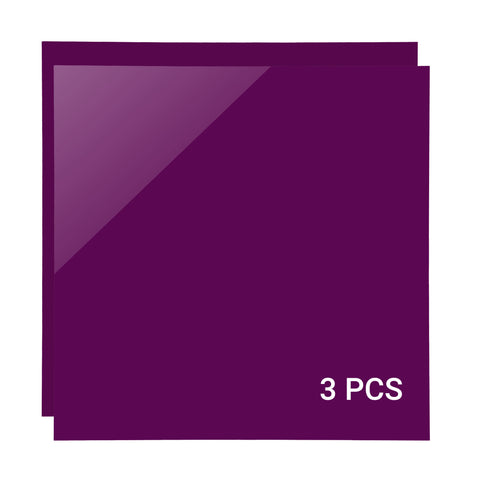 Two overlapping glossy dark purple panels, labeled "3 PCS" in the lower right corner, highlight their scratch resistance. From Creality Falcon, these are Purple Acrylic Sheets for Laser Engraving measuring 12"*12” *1/8”.