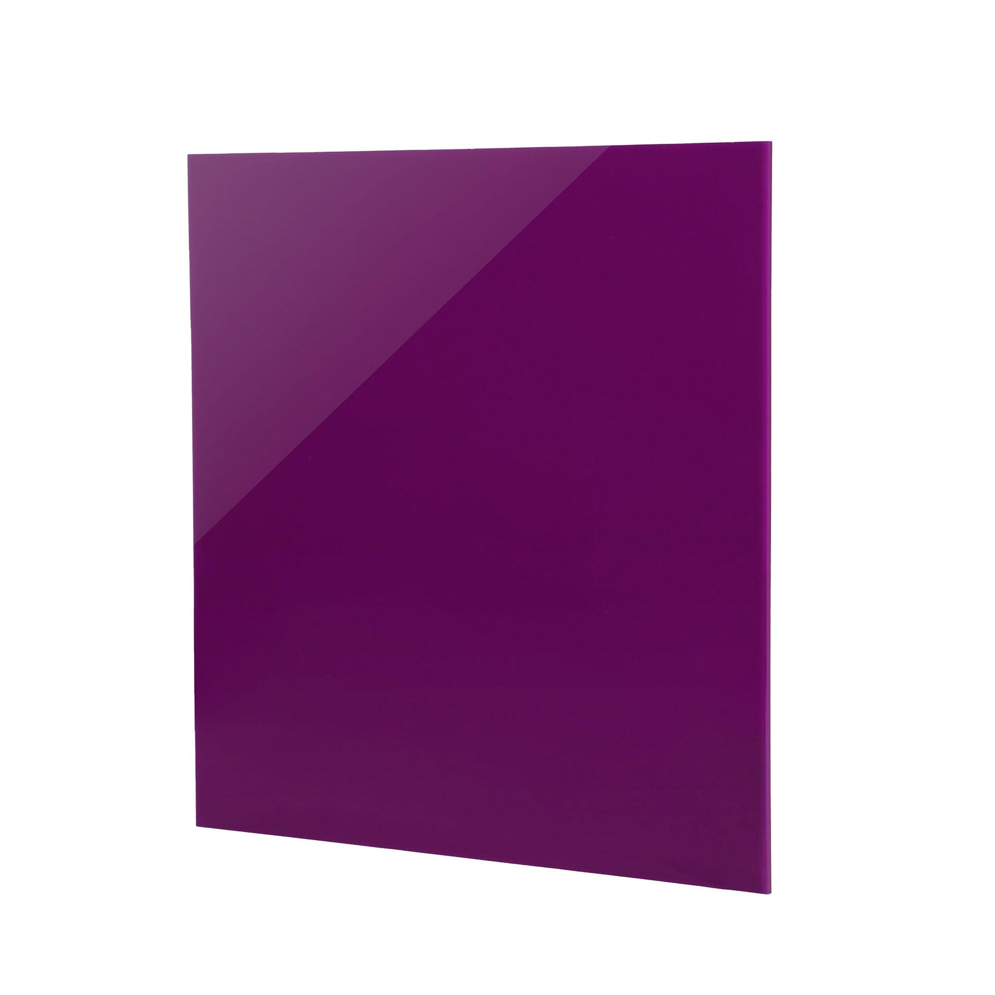 A glossy, square 12"x12"x1/8" purple acrylic sheet from Creality Falcon stands against a plain white background, gleaming with bright colors and casting a diagonal shadow. Known for scratch resistance, this sheet beautifully combines durability with elegance.