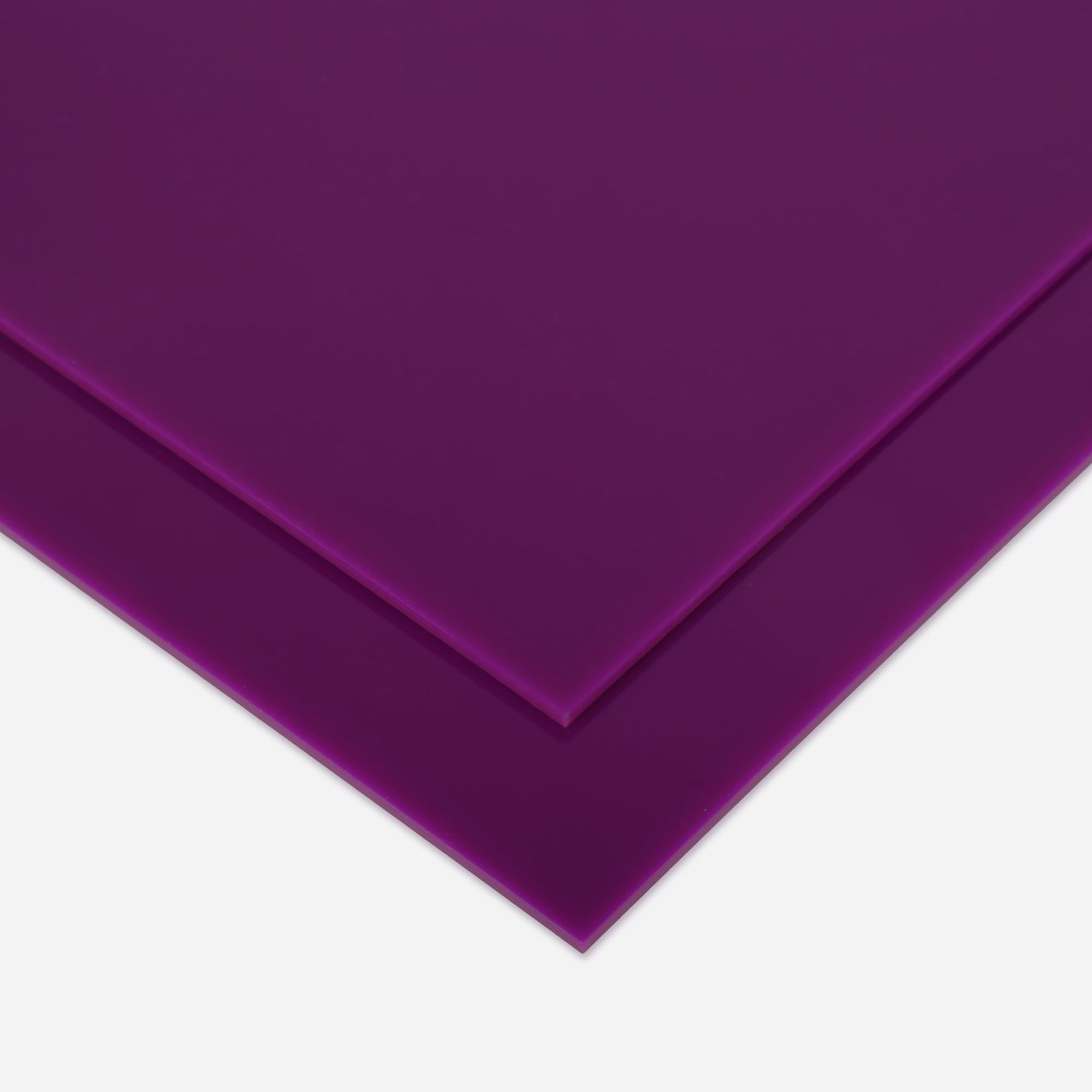 Two overlapping Creality Falcon Purple Acrylic Sheets for Laser Engraving (12"x12", 1/8”, 3pcs), shown in close-up against a white background, feature vibrant colors with sharp edges and a smooth, matte finish known for scratch resistance.