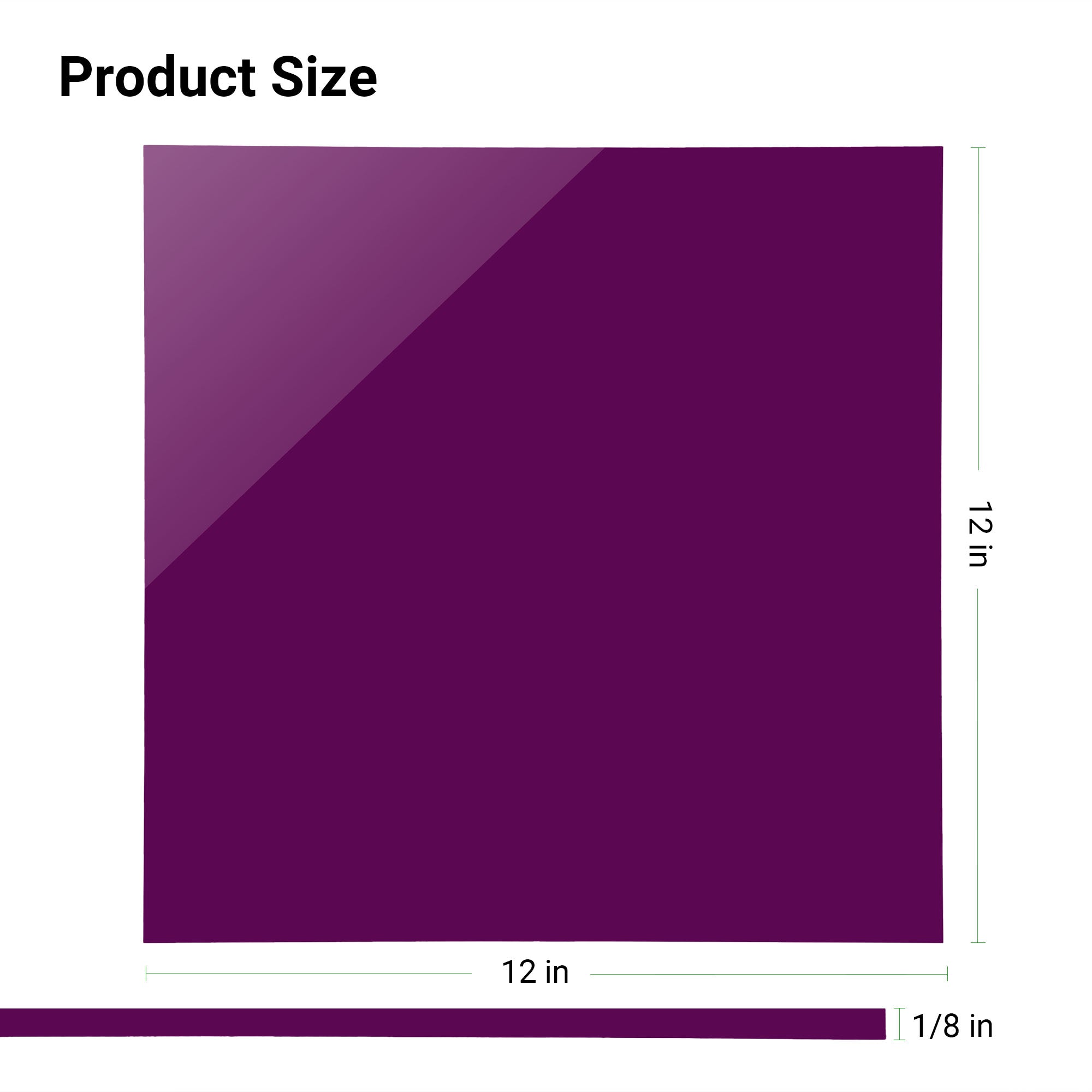 A vibrant purple glossy square Creality Falcon acrylic sheet for laser engraving, measuring 12"x12"x1/8", is showcased. Known for its scratch resistance, the image labeled "Product Size" highlights its durable features perfectly. Pack includes 3 pieces.