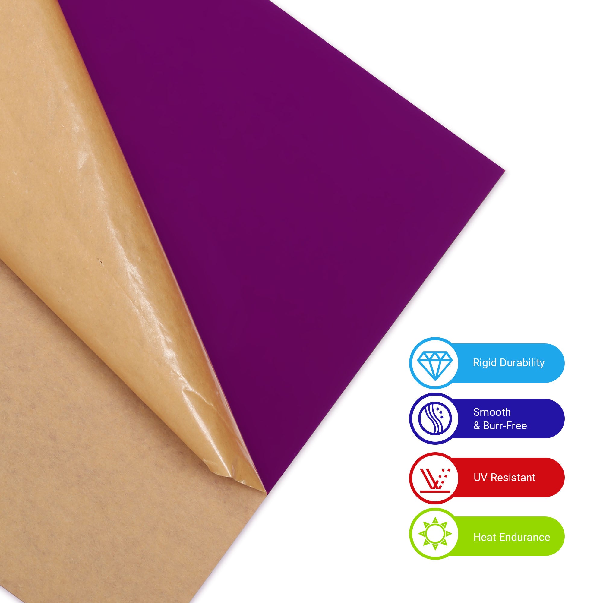 A sheet of Creality Falcon Purple Acrylic, partially revealing its brown paper backing, is shown with icons for "Rugged Durability," "Smooth & Burr-Free," "UV-Resistant," and "Heat Endurance." Its vibrant colors facilitate easy processing and provide excellent scratch resistance.