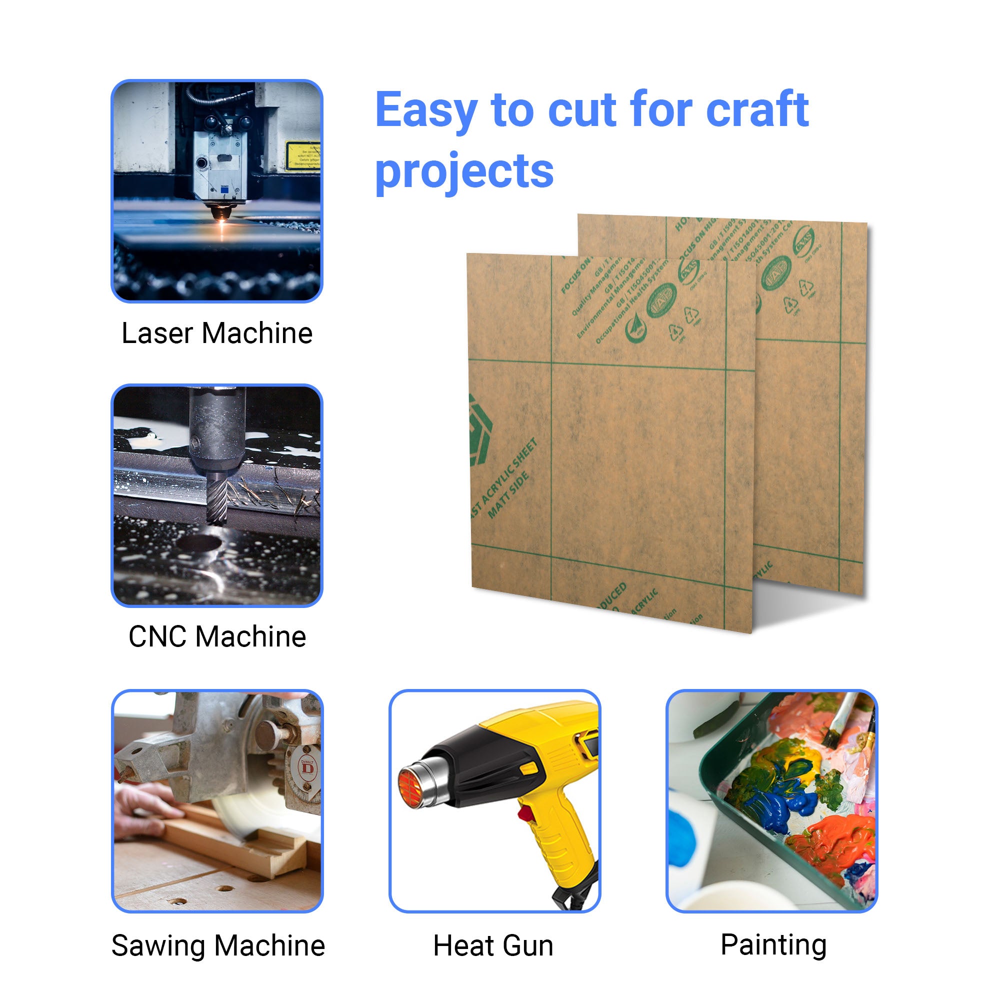 A collage of bright crafting tools surrounds two sheets of Creality Falcon Purple Acrylic Sheets for Laser Engraving (12"x12"x1/8" - 3pcs). Text reads "Easy to cut and process for craft projects," featuring laser, CNC, and sawing machines, heat gun, and painting tray.