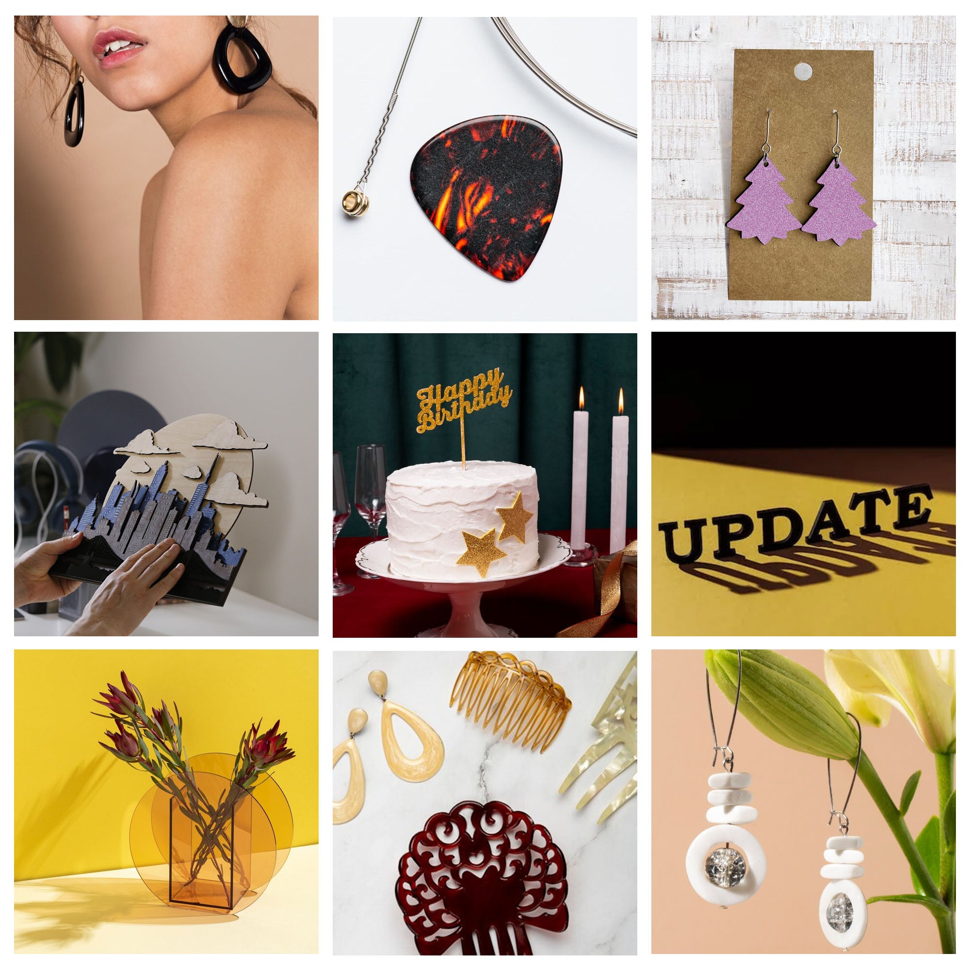 A vibrant collage: a woman with black earrings, a guitar pick pendant, purple tree earrings, and pop-up city card. Among bright colors shine a birthday cake and scratch-resistant hair accessories with white flowers, resembling Creality Falcon’s Purple Acrylic Sheets for Laser Engraving.