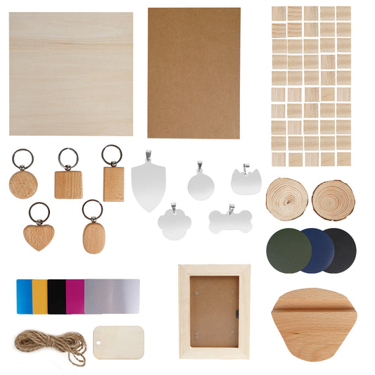 A flat lay of various crafting materials for laser engraver owners, including wooden squares, keychain blanks, metallic pendants, a rope, wooden slices, colored vinyl sheets, a small wooden box, and a wooden stand. The items are neatly arranged on a white background—perfect for DIY projects. Featured product: CrealityFalcon's Laser Material Kit: 11 Types Stainless Steel & Pine Wood for Falcon CNC Laser Engraving. 1600