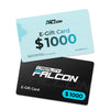 Two CrealityFalcon Gift Cards—one light blue and one black, each worth $1000—feature the CrealityFalcon logo and the text "E-Gift Card.
