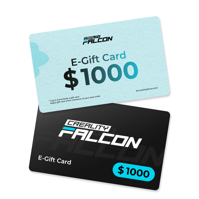 Two CrealityFalcon Gift Cards—one light blue and one black, each worth $1000—feature the CrealityFalcon logo and the text "E-Gift Card.