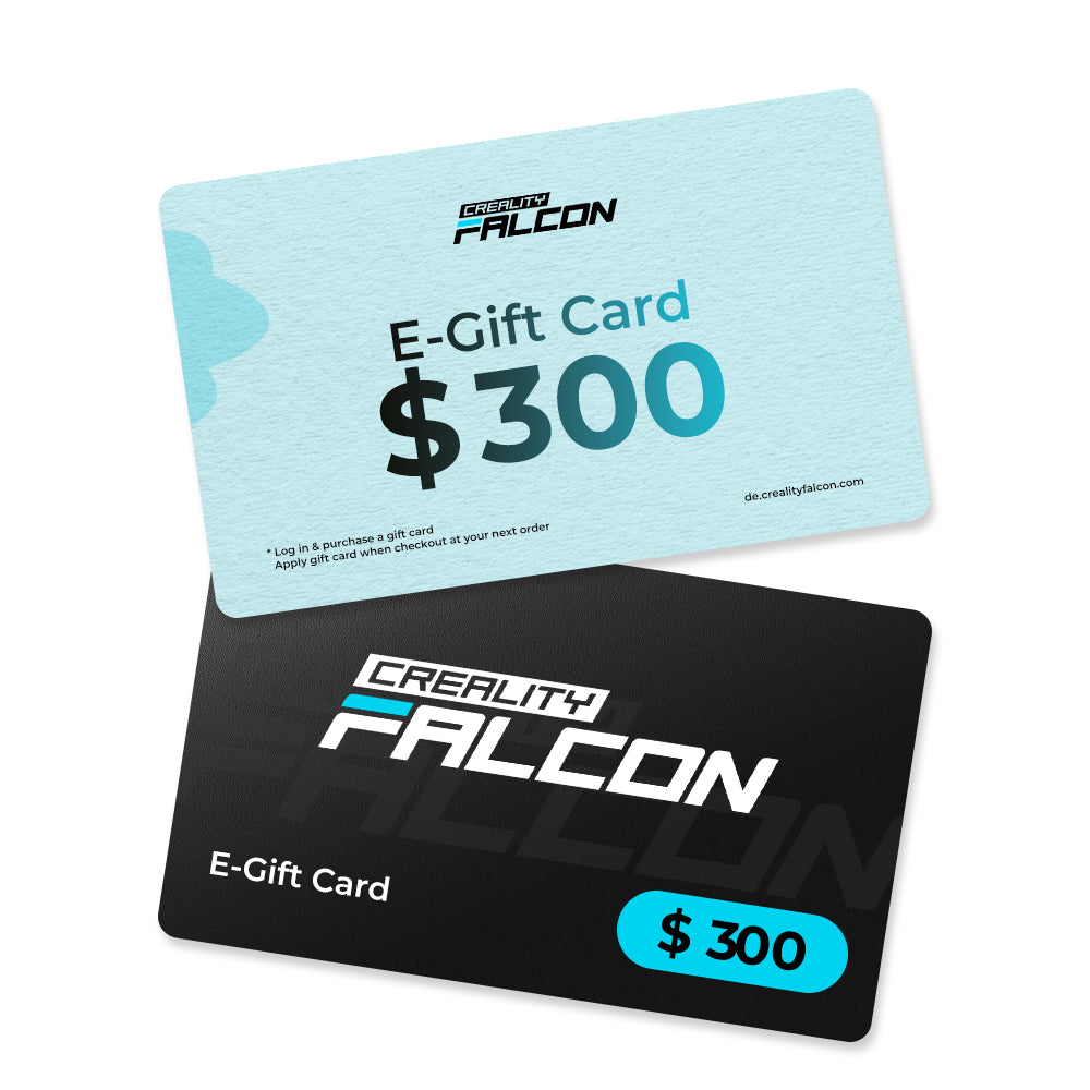Two CrealityFalcon Gift Cards, each worth $300, are shown—one with a light blue background and the other black. Both display the CrealityFalcon logo and essential card details.